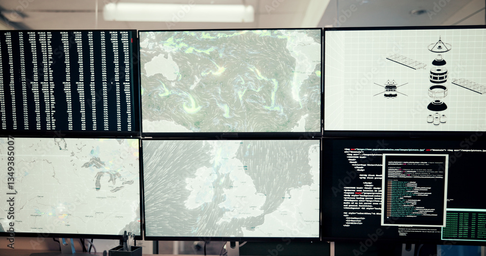 Poster Computer, screen and data with map, control room and broadcast for news research. Surveillance, environment or weather science with forecast for report, meteorology update or climate change satellite