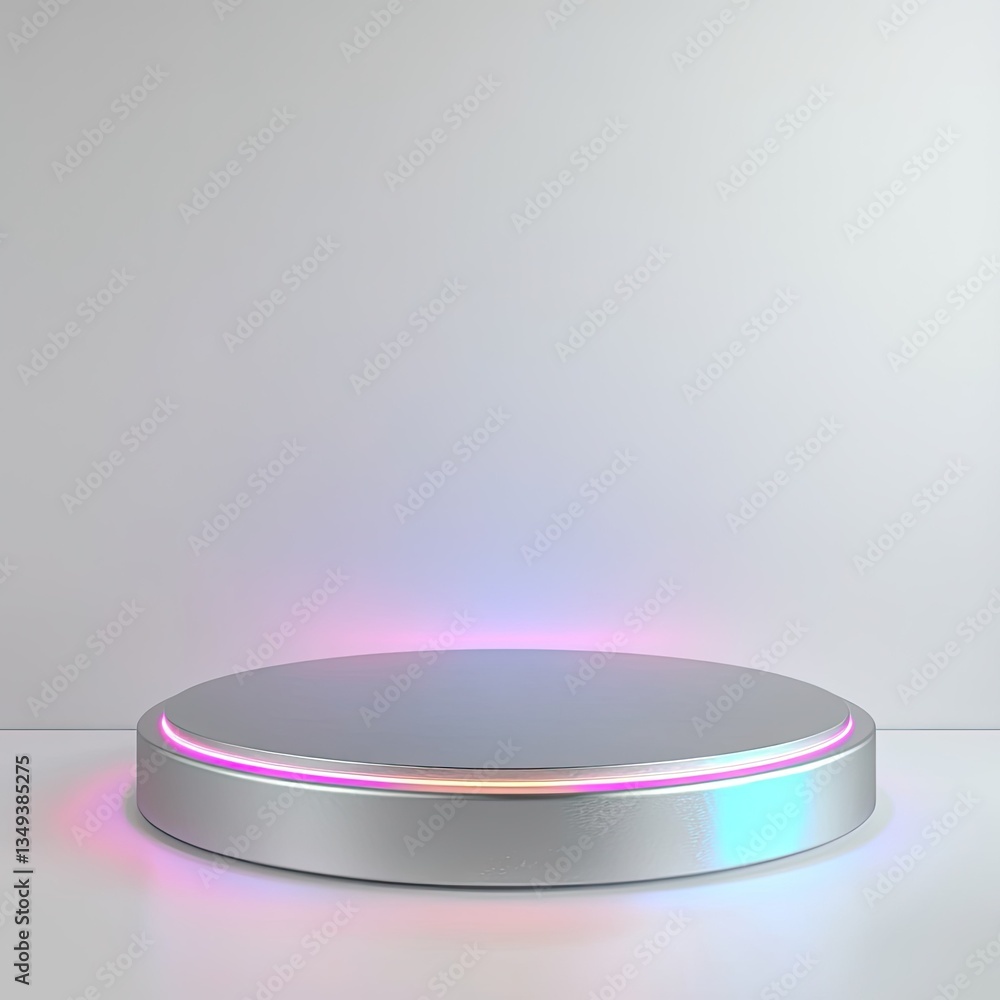 Poster futuristic silver circular display platform with neon lights