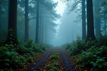 Fototapeta premium Fog creeps over the ground and shrouds a forest path, pathway, misty, hazy