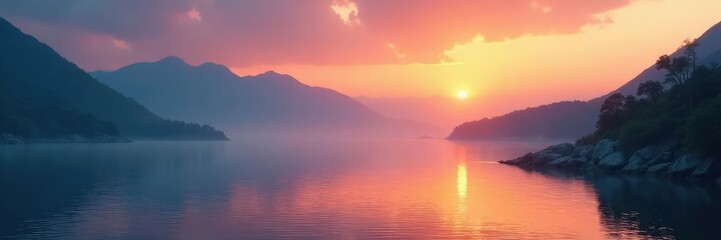 Obraz premium Foggy bay at sunrise with towering mountains in the distance, bay, dawn, towering mountains