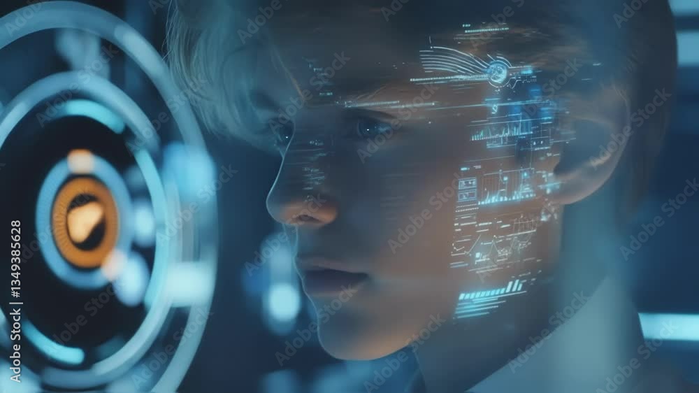 Poster young professional software engineer analyzing data through a futuristic augmented reality interface