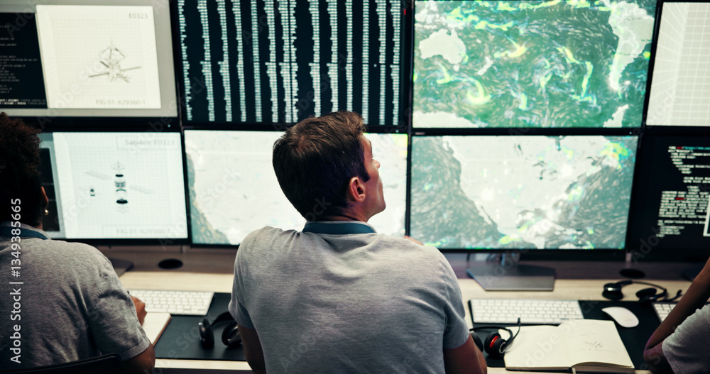 Aufkleber screen, man and meteorology with monitor for weather, satellite maps and employees to track storm. c
