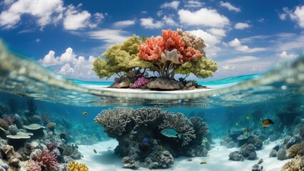 A vibrant tropical scene divided by a clear water line showcasing a rocky island topped with lush greenery on the left.