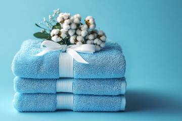 Three folded blue towels with a cotton branch on them on a light blue background. Demonstration of perfect cleanliness and care for linen. Natural and ecological fabrics.