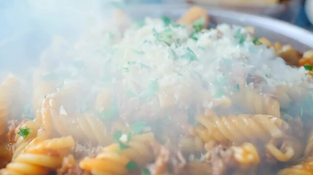 Hot fusilli pasta with bolognese sauce, parmesan and parsley releasing aromatic steam