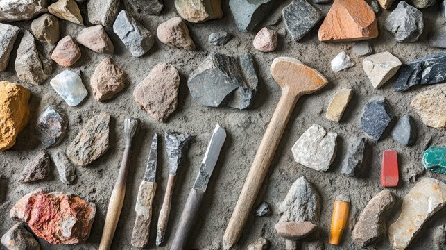 Ancient Stone Age Tools and Rocks Collection Archaeological Excavation Display