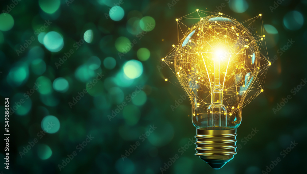 Poster light bulb with connected dots on a green background.