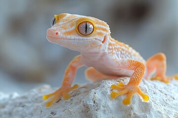 Naklejka premium Albino gecko posing on rock, blurred background, pet reptile