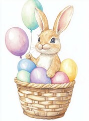 Easter Bunny in Basket - Eggs and Balloons, Holiday Art