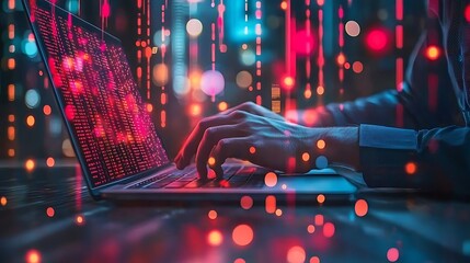 Hands Typing Code on Laptop, Digital Technology Background