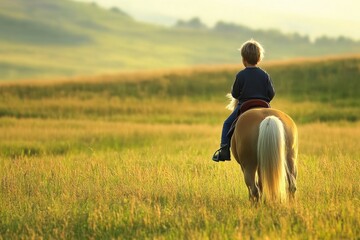 Young Child Riding Pony in Serene Meadow During Golden Hour