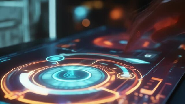 A closeup of a hand manipulating holographic controls on a floating interface with multidimensional data visuals emerging in the air. The glow of the holograms contrasts with the darkened