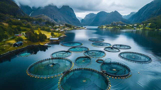 Sustainable salmon farm in Norway where fish swim in offshore circular cages showcasing how aquaculture meets global demand for fresh seafood