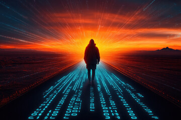 Person walking across a binary code road into a glowing horizon a data security journey in privacy symbolism