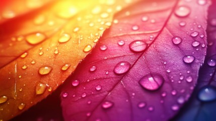 Vibrant leaves with dew drops, showcasing rich color gradients