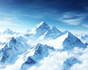 Majestic snow covered mountain peaks under a bright blue sky