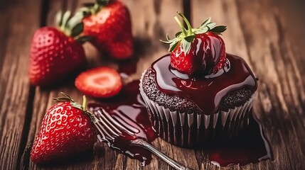 Chocolate cupcake with strawberries, wooden background, food photography, recipe website