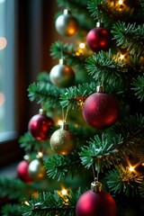 Obraz premium Shiny evergreen tree with sparkling ornaments and festive lights, mistletoe, icicles