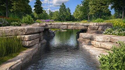 Fototapeta premium Scenic park bridge, tranquil river walkway in lush green nature