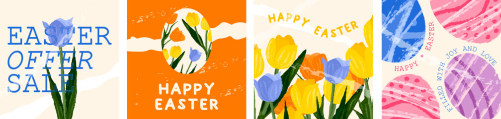Happy Easter vector poster sets.Trendy Easter design with flowers and Easter eggs. Minimal pastel colours banner for greeting card, promotions.