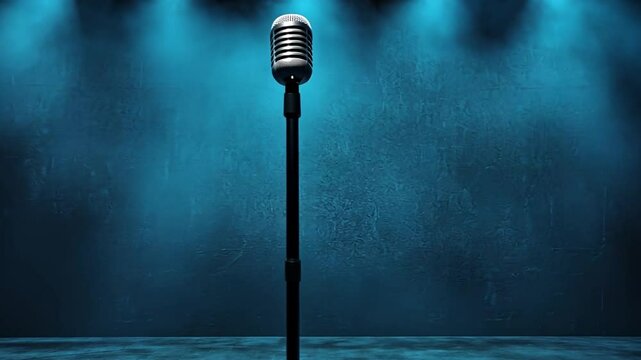 Empty stage with a microphone and blue spotlight, ideal for comedy or music events, inviting atmosphere for performers and audience alike