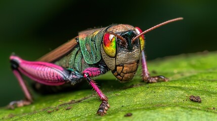 Fototapeta premium Vibrant Colorful Grasshopper on Leaf in Jungle
