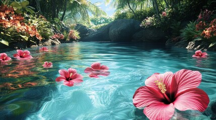 Digits Floating in Pool with Hibiscus Flowers