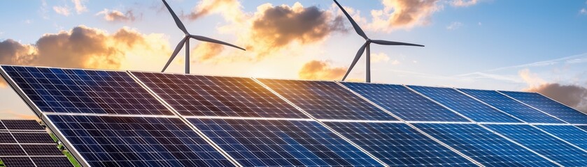 Solar panel and wind turbines, generating clean, renewable energy for a sustainable future