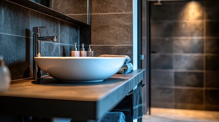 Modern bathroom vanity with sink, towels, and shower