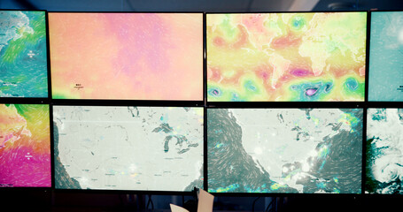 Screen, weather and satellite with pattern in monitor, broadcast news or maps for tracking storm. Control room, forecast or meteorology with ecology for climate change, media report or global warming