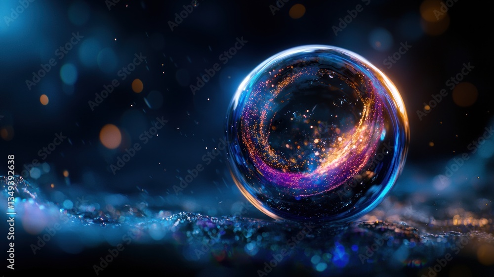 Wall mural abstract sphere rests on textured surface, vibrant light trails in background. possible use technolo