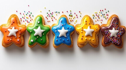 Obraz premium Colorful star-shaped donuts with sprinkles, white isolated background