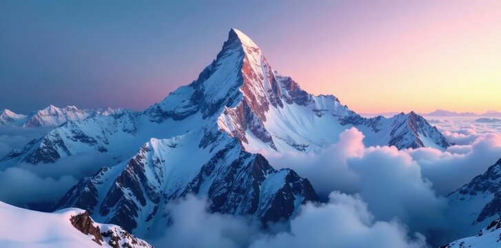 Snow-encrusted peak of Nanga Parbat at dawn with misty atmosphere, mountain, frozen