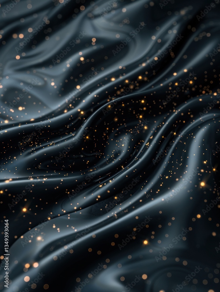 Poster mysterious dark fluid forms blend into a galactic effect with glowing highlights, evoking a celestia