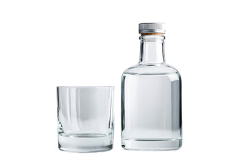 Bottle and glass filled with clear liquid stand side by side, cut out transparent