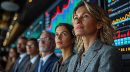 Obraz premium Focused business team observing market trends