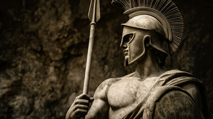Obraz premium Heroic Greek warrior statue holding a spear with a strong, determined expression
