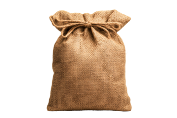Burlap Sack Tied with Twine, Isolated on Black Background, cut out transparent