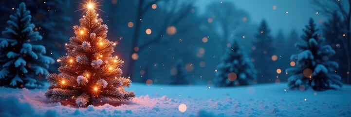 Sparkling snow-covered Christmas tree with festive lights, Festive decoration, Icy landscape