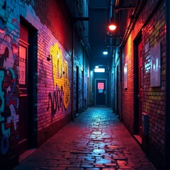 A dark urban alley with a graffiti covered brick wall
