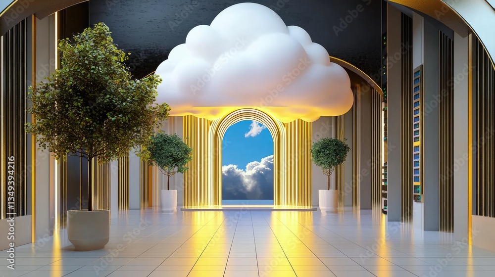 Poster a futuristic cloud data center with interconnected devices symbolizing smart home technology.