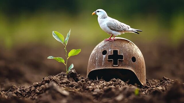 A symbol of hope and renewal, a white bird stands on a rusted helmet with a young plant growing beside it in a serene and vibrant landscape