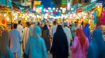 Muslim woman shopping at night market with colorful lanterns