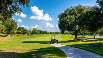 A golf cart parked on the green under the sun, with a vast fairway stretching out ahead.
