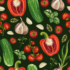 Seamless pattern vegetables on a dark green background. Digital art, imitation oil. Autumn harvest, healthy food. Print for fabric and wrapping paper.
