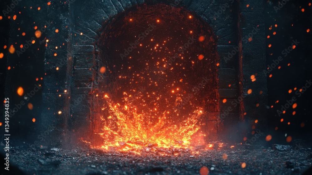 Poster fiery sparks erupting from dark archway