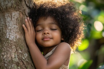 Embracing the Earth: A serene Black child hugging a tree, representing environmental awareness, sustainability, and a greener future.