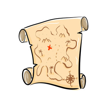 Pirate map drawing on papyrus. Old scroll. Treasure map in cartoon style. Red mark, compass, palm trees on island. Color vector illustration.