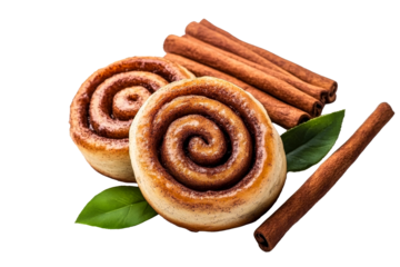 Cinnamon rolls with cinnamon sticks, green leaves, isolated, cut out transparent