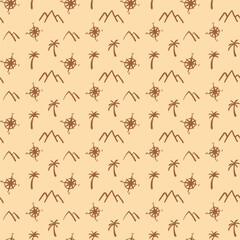 Travel and adventure seamless pattern in simple sketch style. Hand-drawn elements, mountains, palm trees, compasses. Perfect for textiles, wallpapers, packaging and wrapping paper. Vector illustration